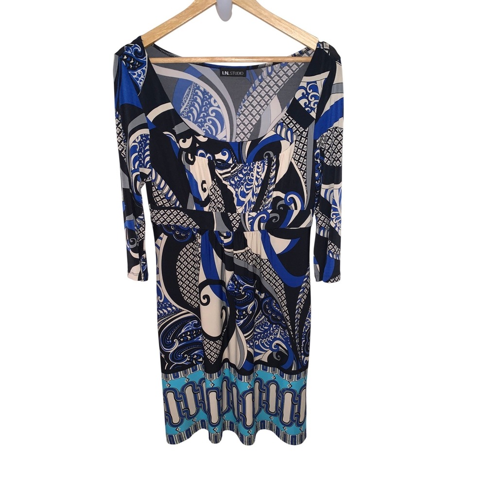 IN‎ STUDIO Women Blue Black White Geometric Print 3/4 Sleeve Knee Length Size 10